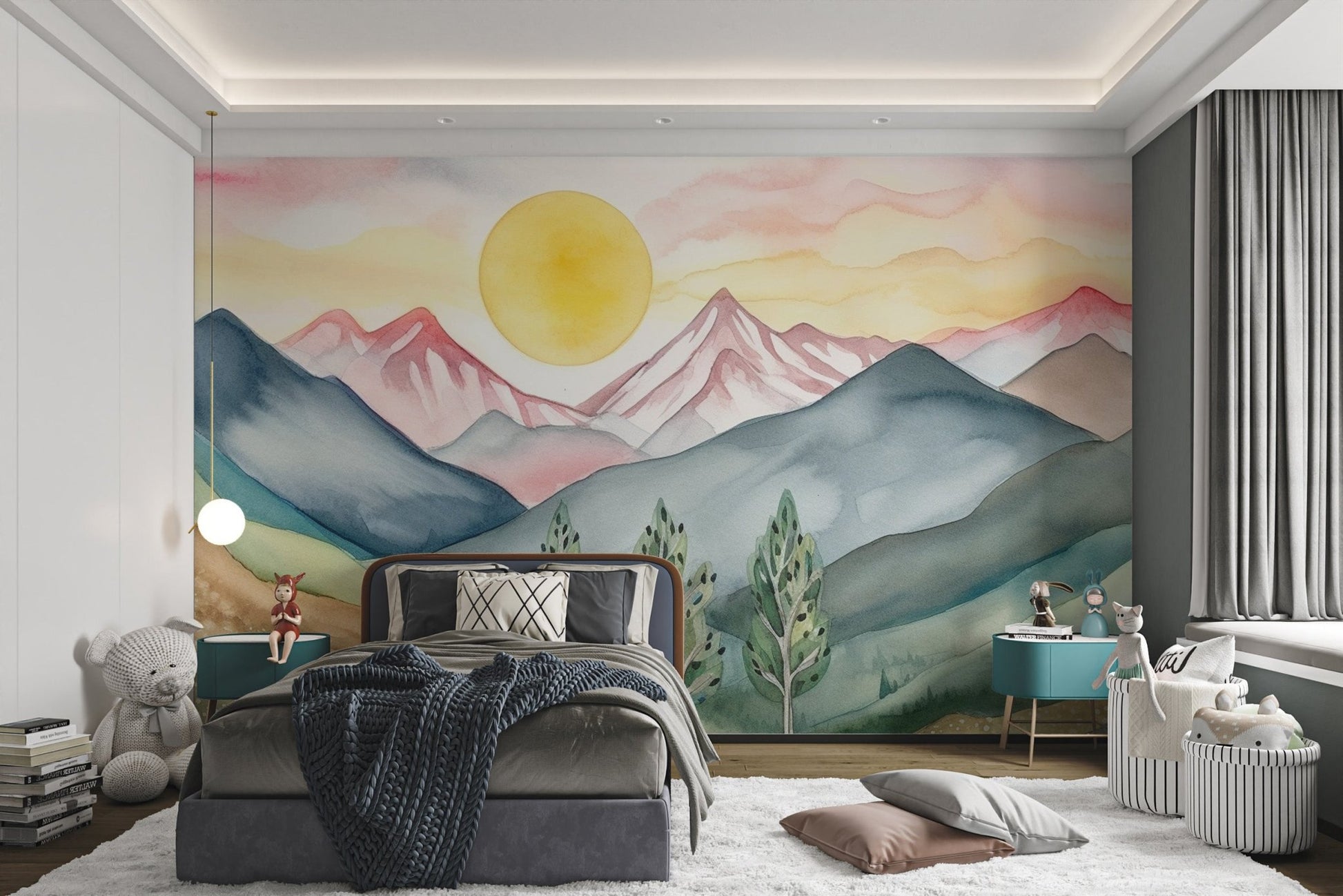 Colorful mountain wallpaper with whimsical landscape details.