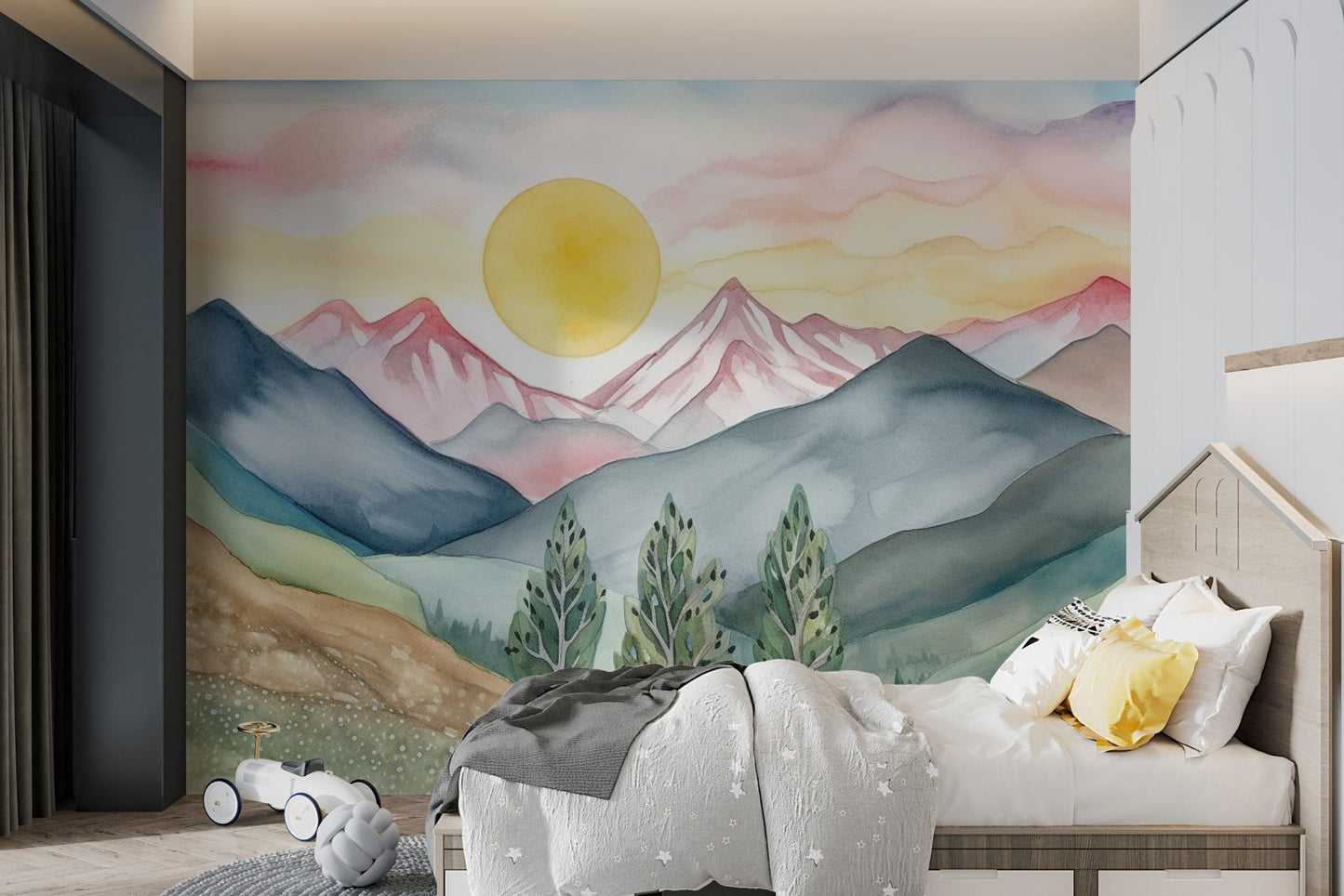 Pastel peaks wall mural with a bright circular sun and clouds.