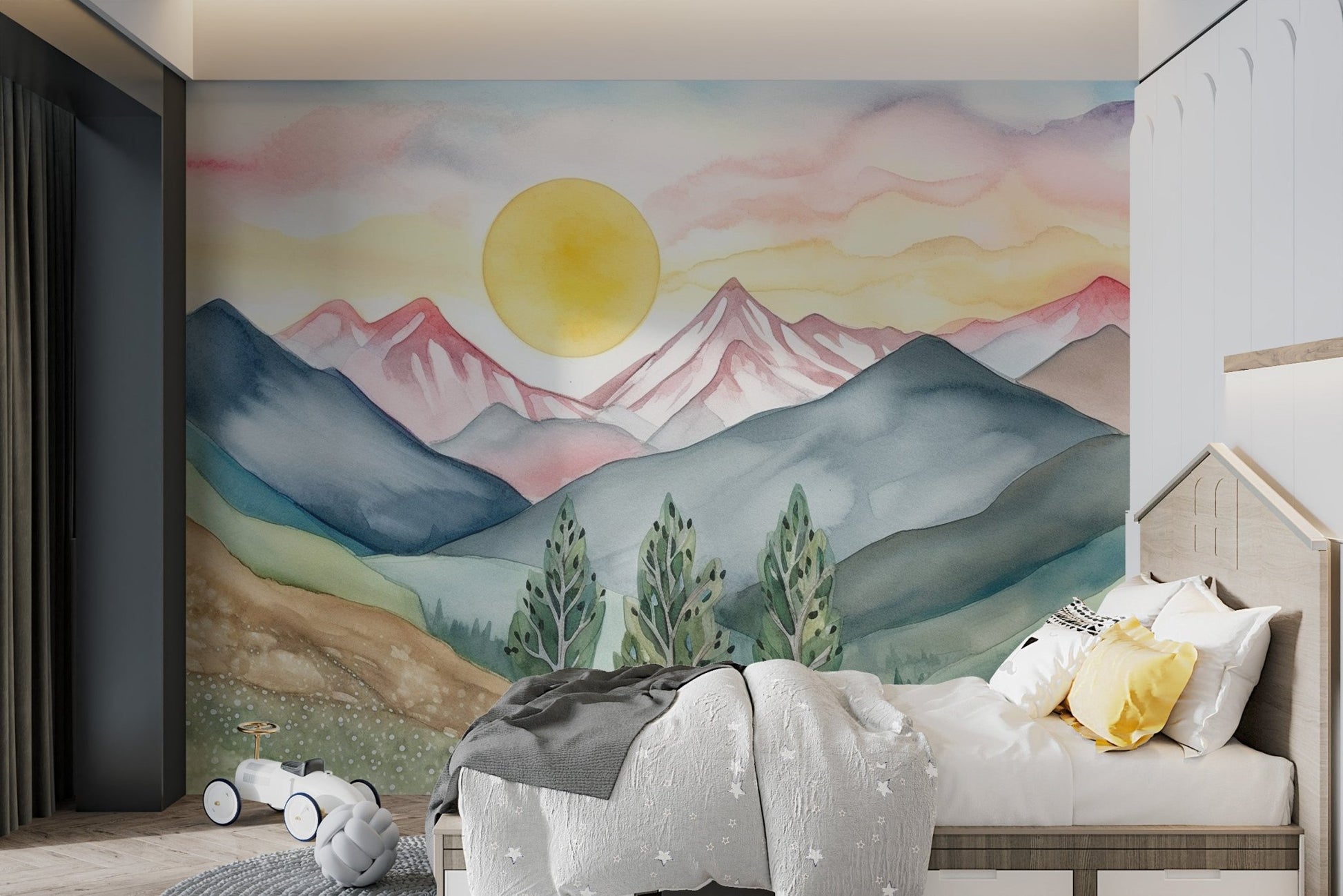 Pastel peaks wall mural with a bright circular sun and clouds.