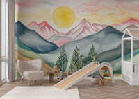 Playful pastel peaks wallpaper featuring soft blue and pink hills.