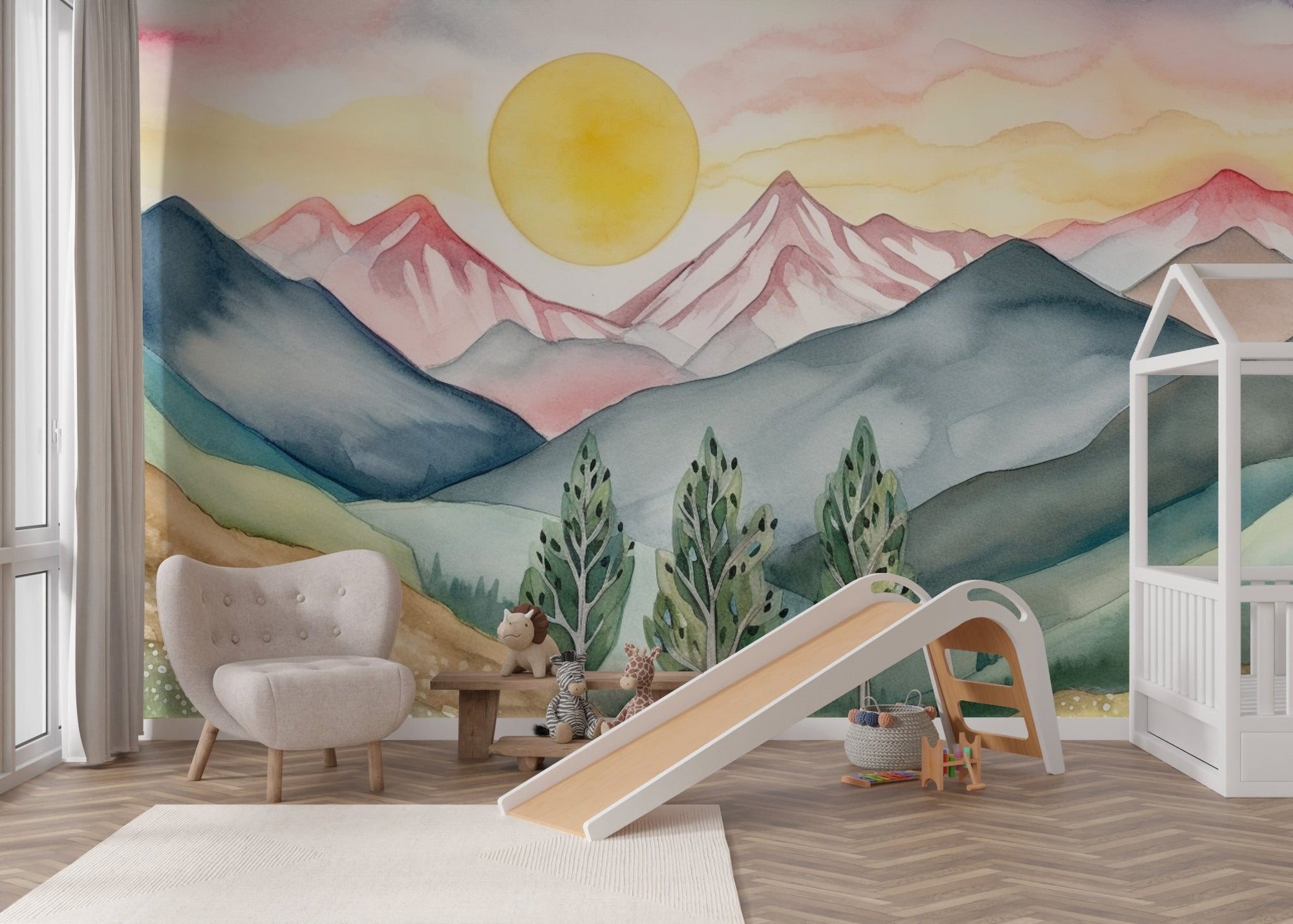 Playful pastel peaks wallpaper featuring soft blue and pink hills.