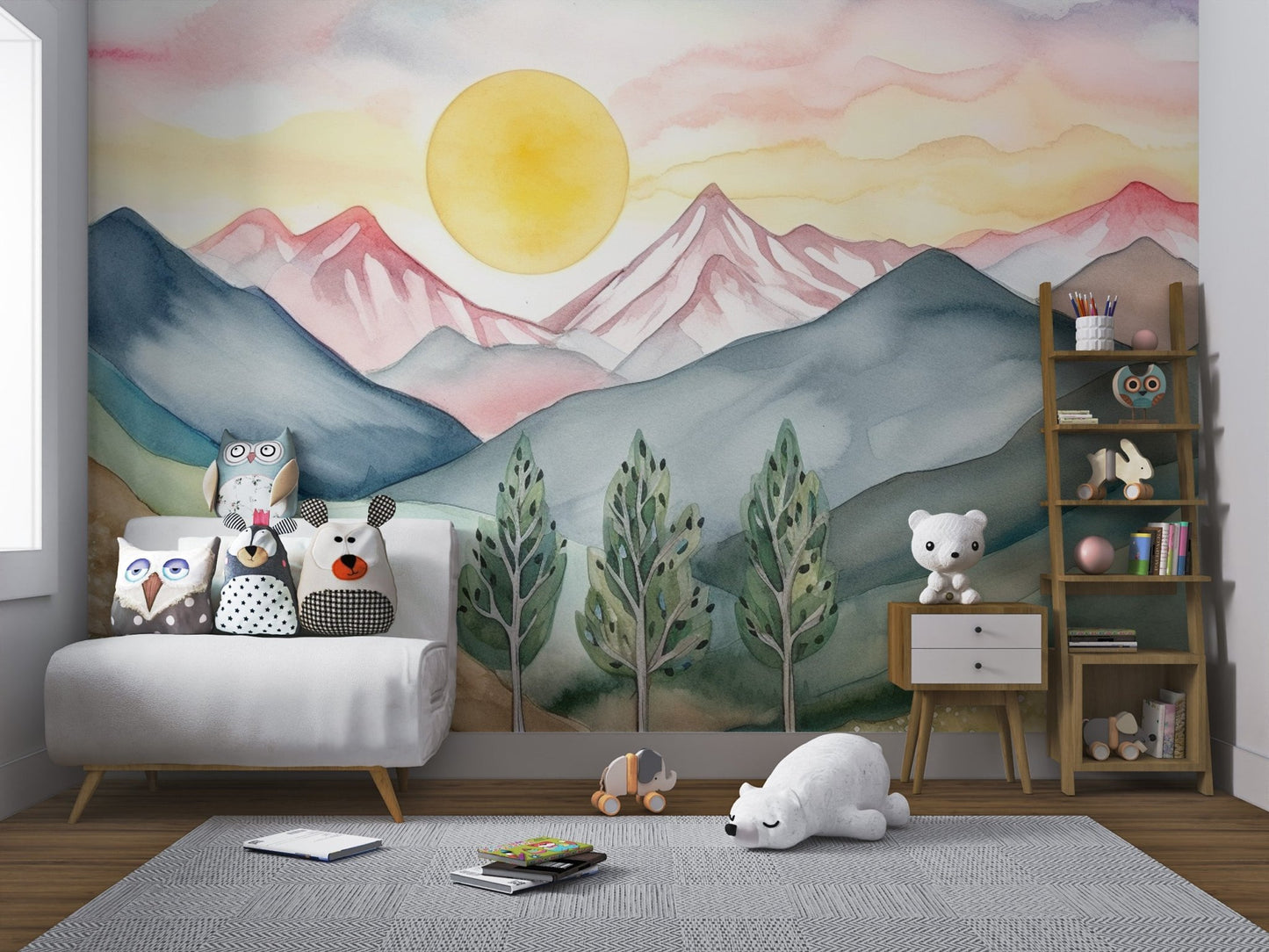 Artistic pastel wall mural with three green trees and rolling meadows.