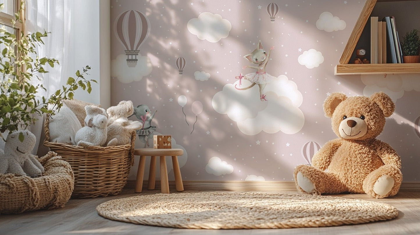 Pink nursery style wall mural with bunny ballerina wallpaper art.