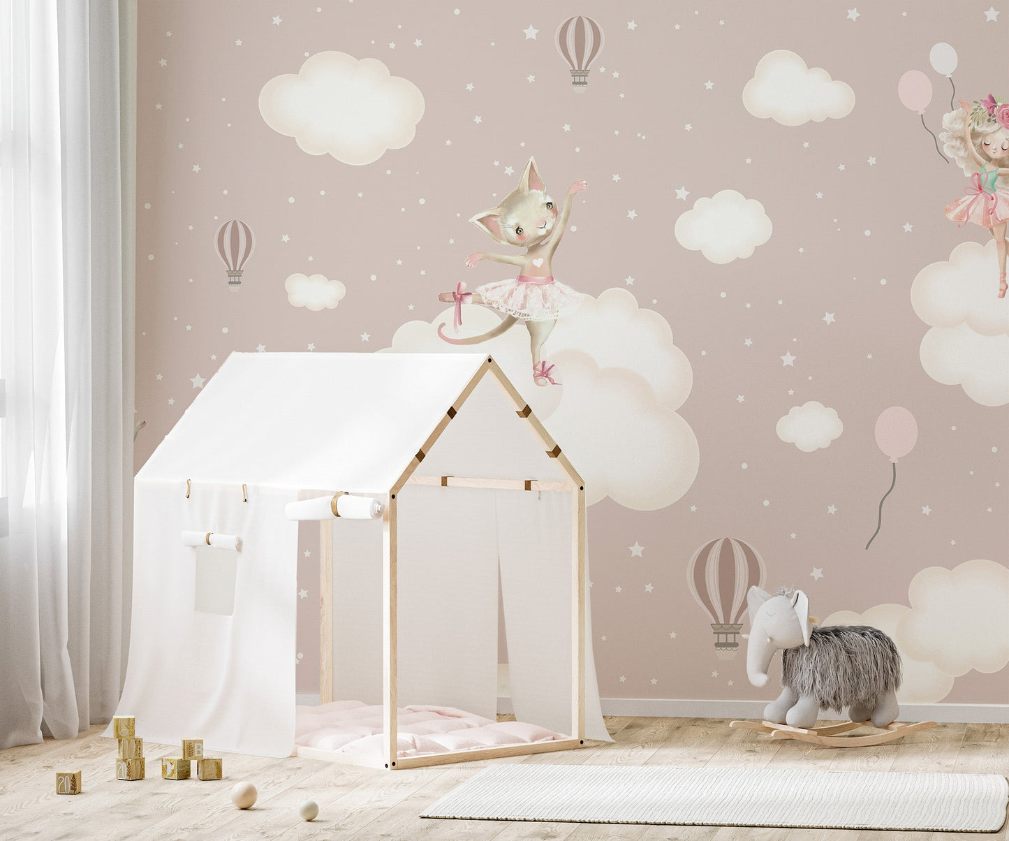 Storybook rabbit wallpaper with dreamy sky and air balloons wall mural.