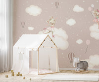 Storybook rabbit wallpaper with dreamy sky and air balloons wall mural.