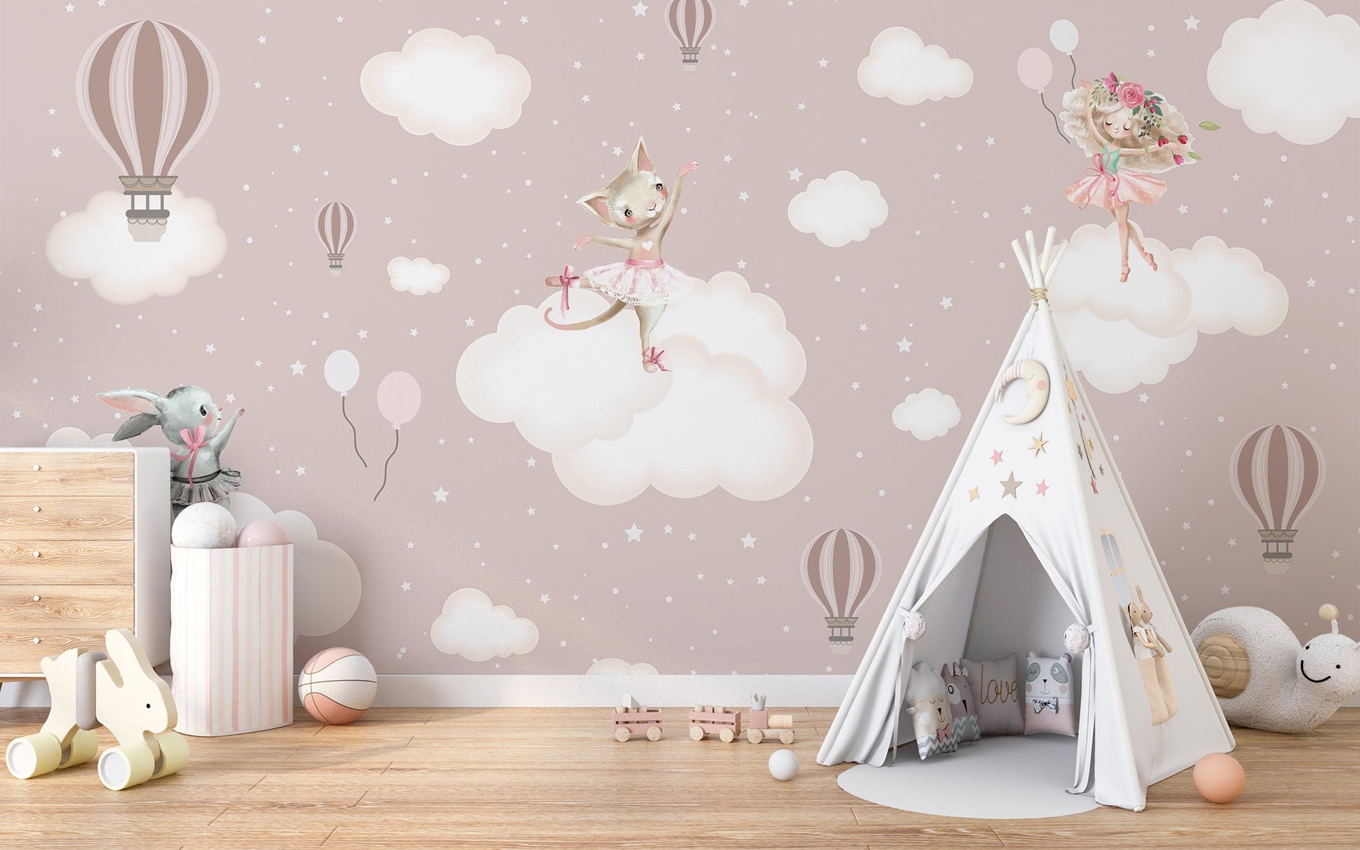 Fantasy bunny wallpaper with stars and floating balloons wall mural.