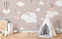 Fantasy bunny wallpaper with stars and floating balloons wall mural.