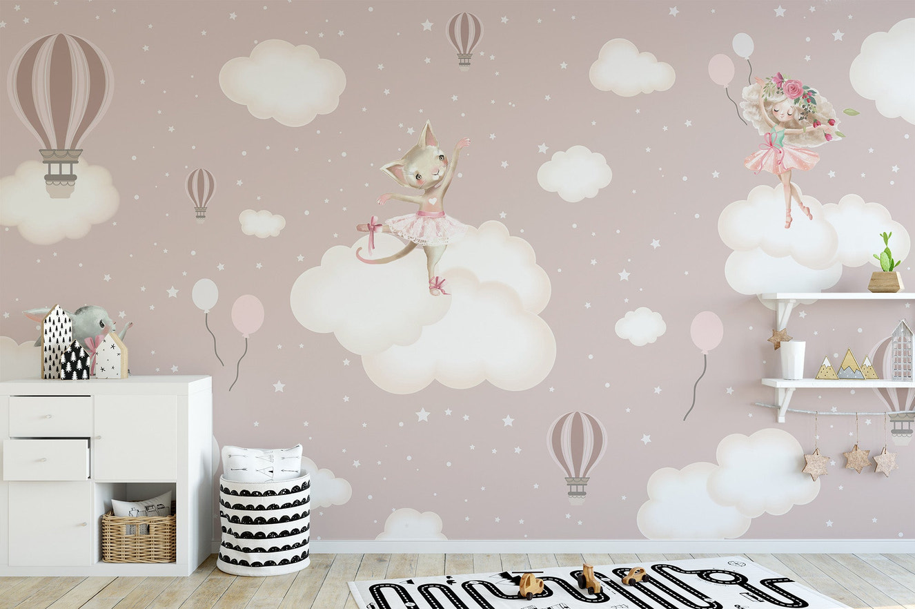 Ballet bunny wallpaper with soft blush sky and floating stars wall mural.