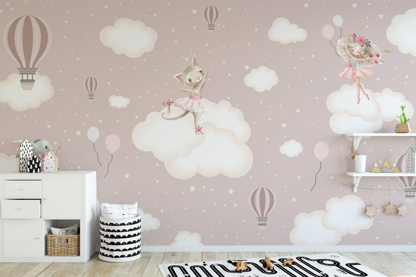 Ballet bunny wallpaper with soft blush sky and floating stars wall mural.