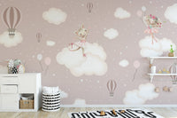 Ballet bunny wallpaper with soft blush sky and floating stars wall mural.