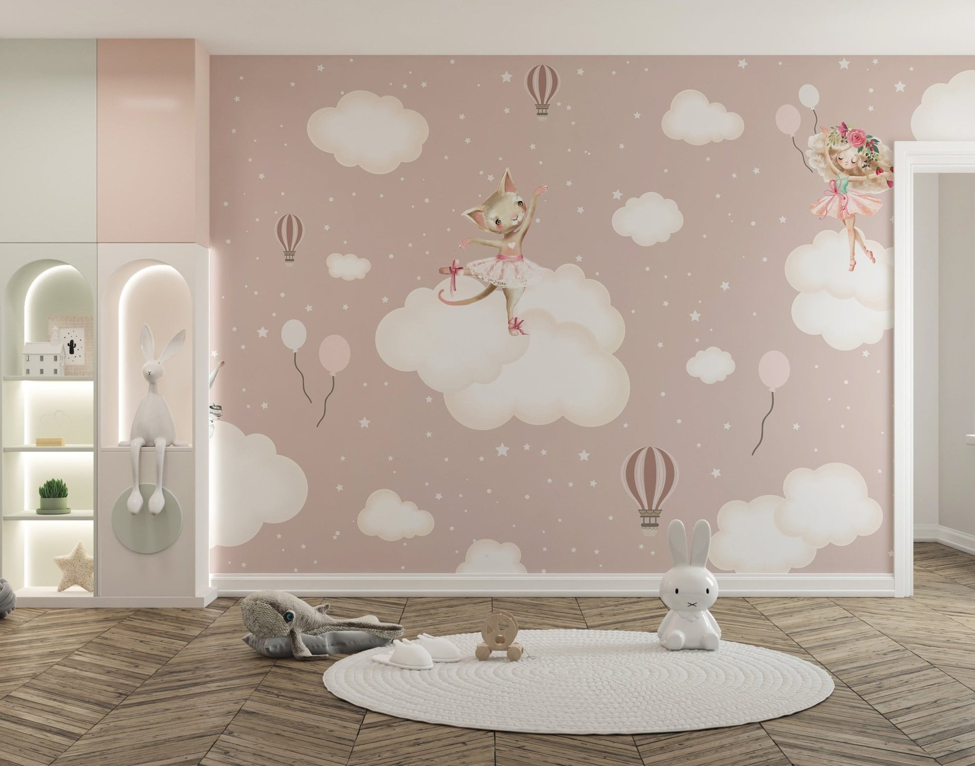 Soft pink animal wall mural with dancing rabbit illustration wallpaper.