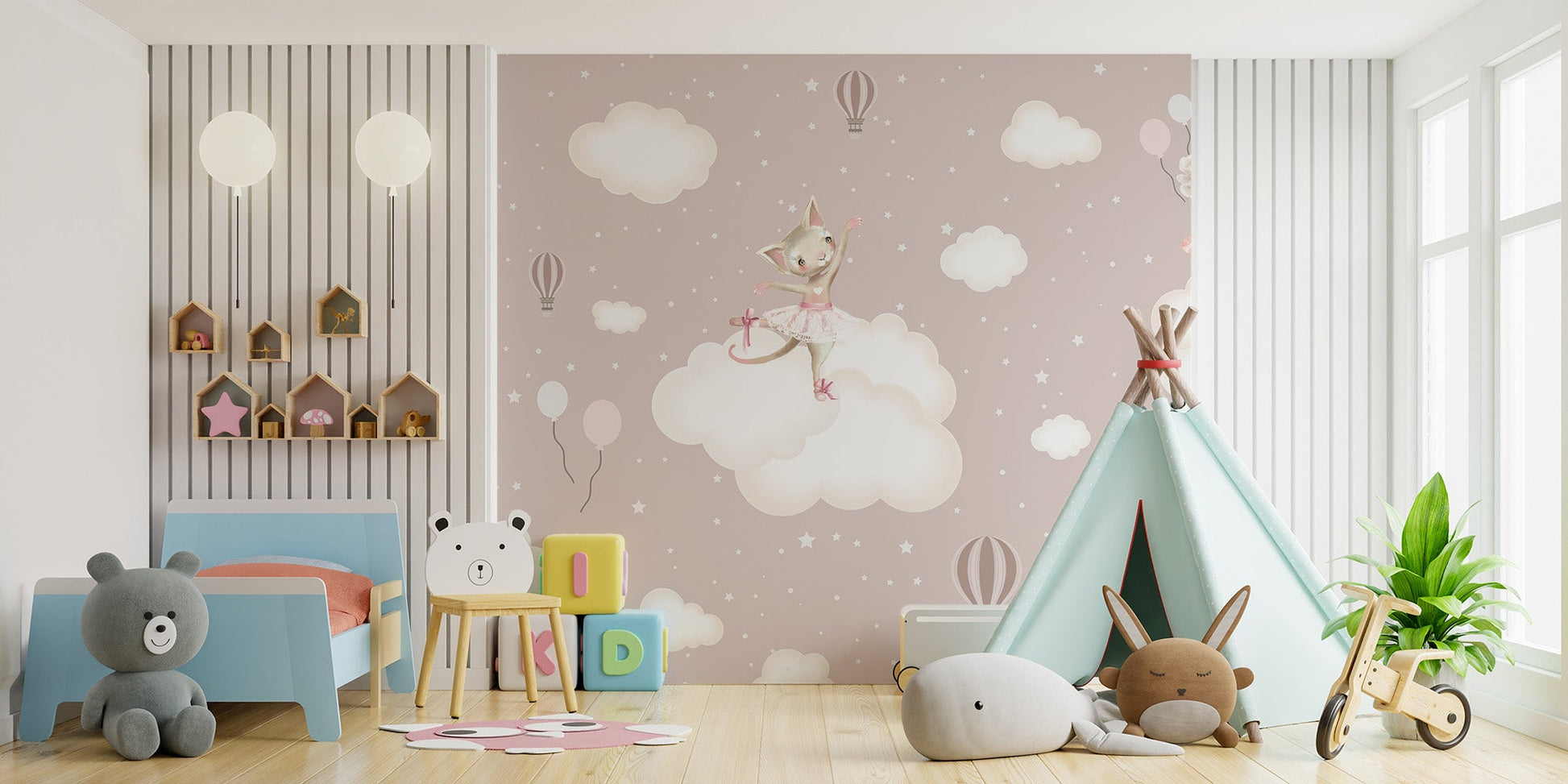 Cute rabbit dancer wall mural in pastel pink color wallpaper design.