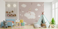 Cute rabbit dancer wall mural in pastel pink color wallpaper design.