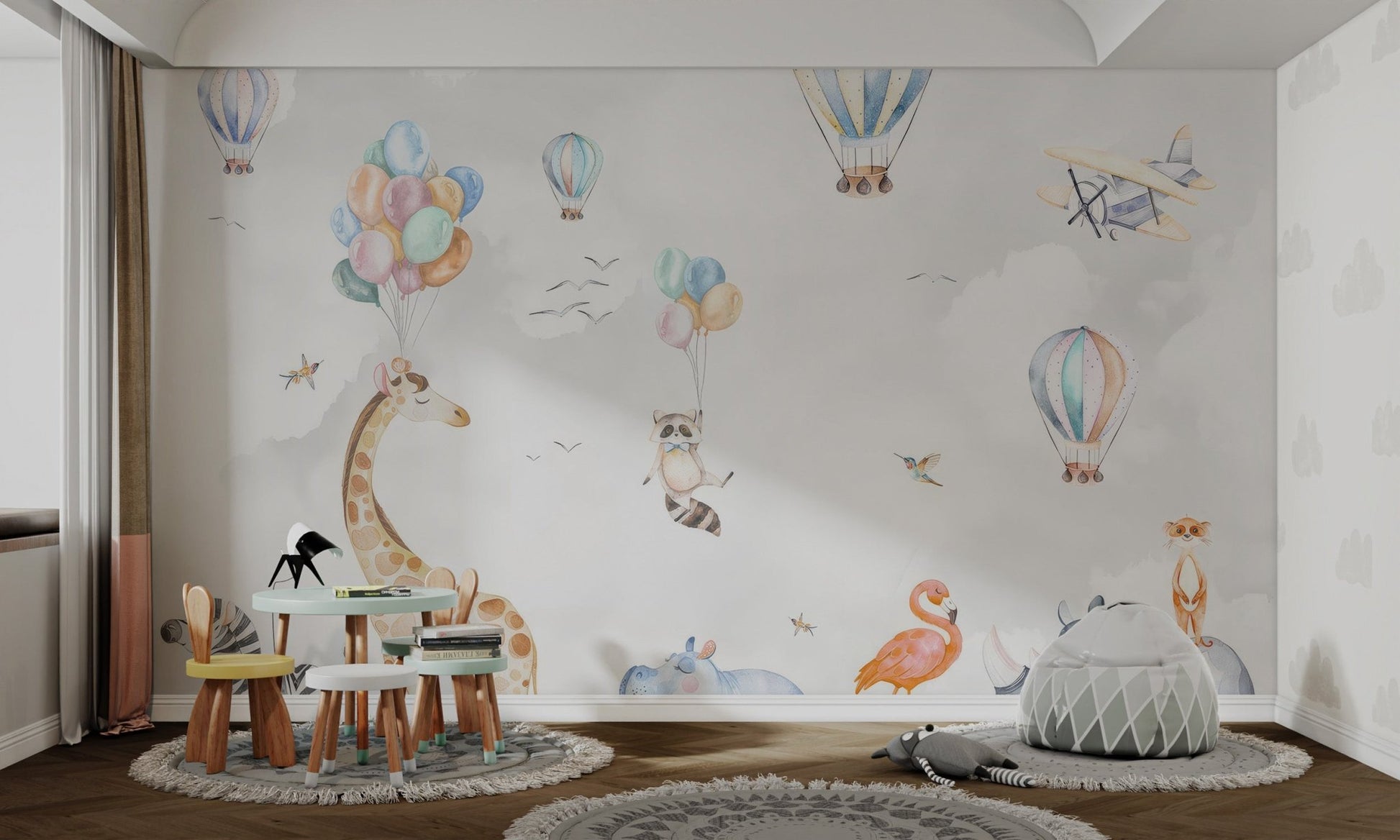 Hot air balloons and vintage airplane flying in cloudy sky wall mural.