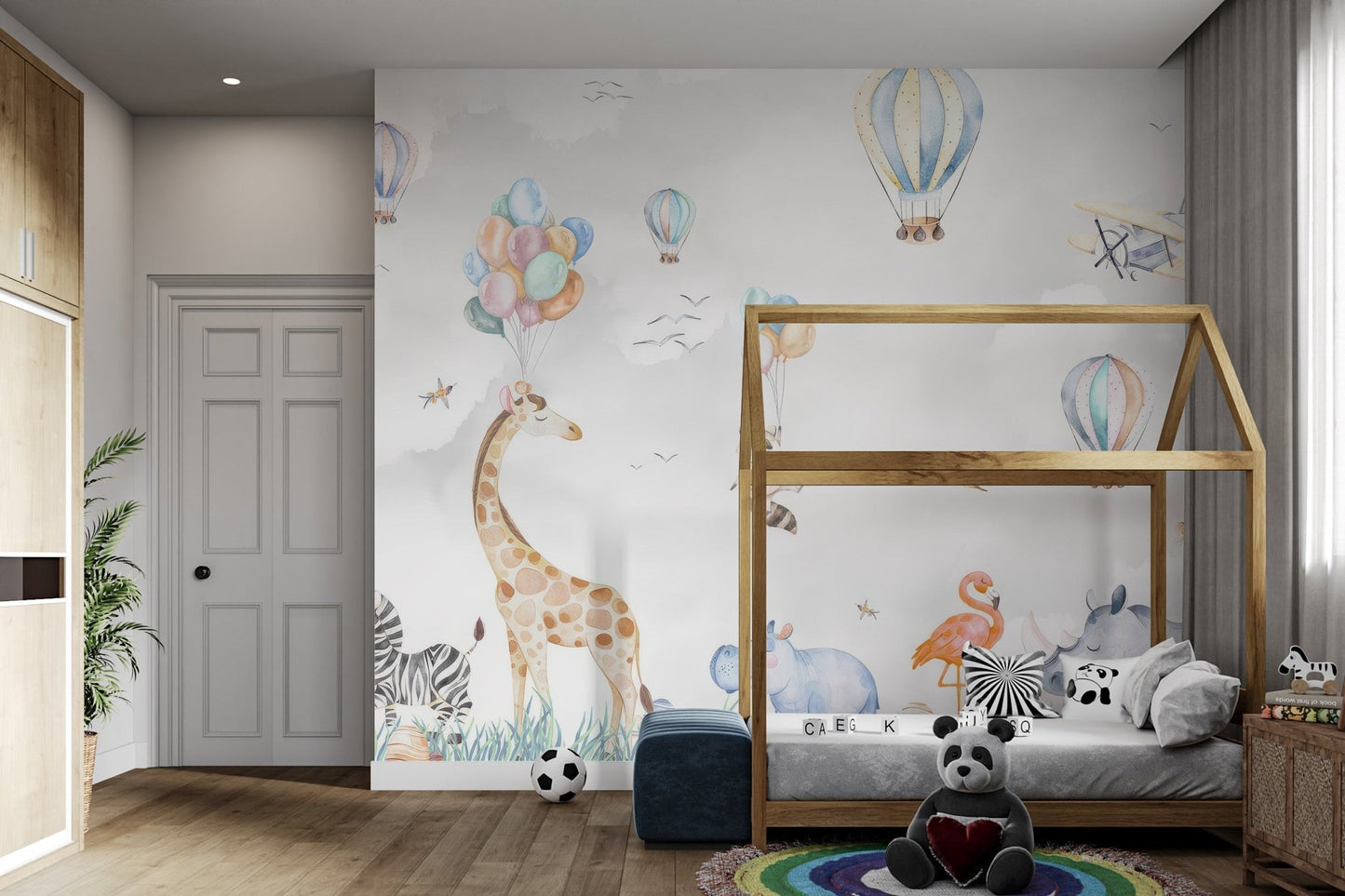 Watercolor style safari wall mural with rhino and hippo for toddler bedroom.