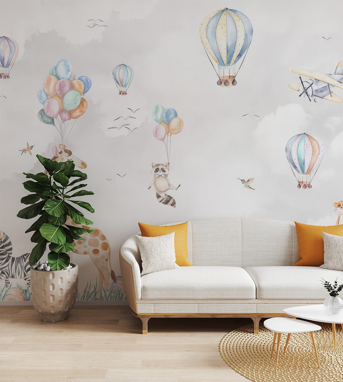 Pastel colored giraffe and zebra jungle theme wall mural for living room.