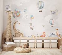 Grey rhinoceros and blue hippopotamus watercolor graphics on safari wall mural