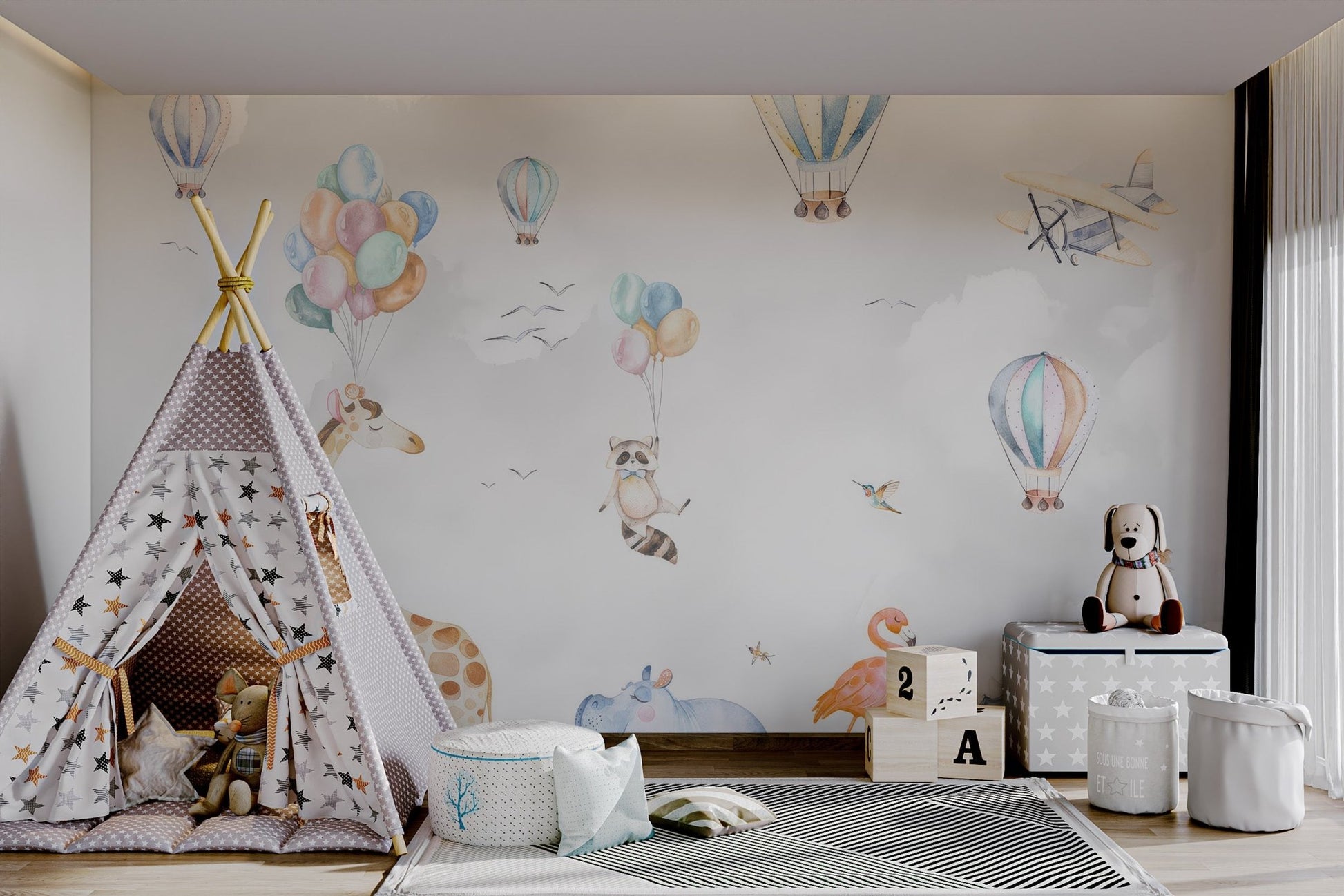 Whimsical hot air balloons and animals wall mural for modern playroom.