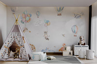 Whimsical hot air balloons and animals wall mural for modern playroom.