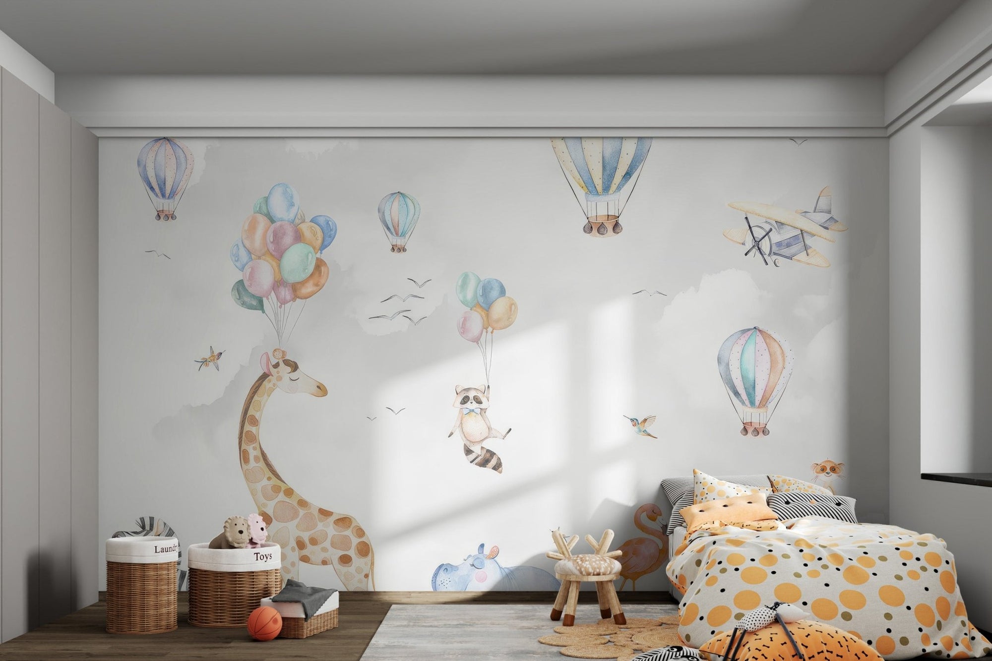 Hot air balloons mural with pastel tones safari animals for kids bedroom.