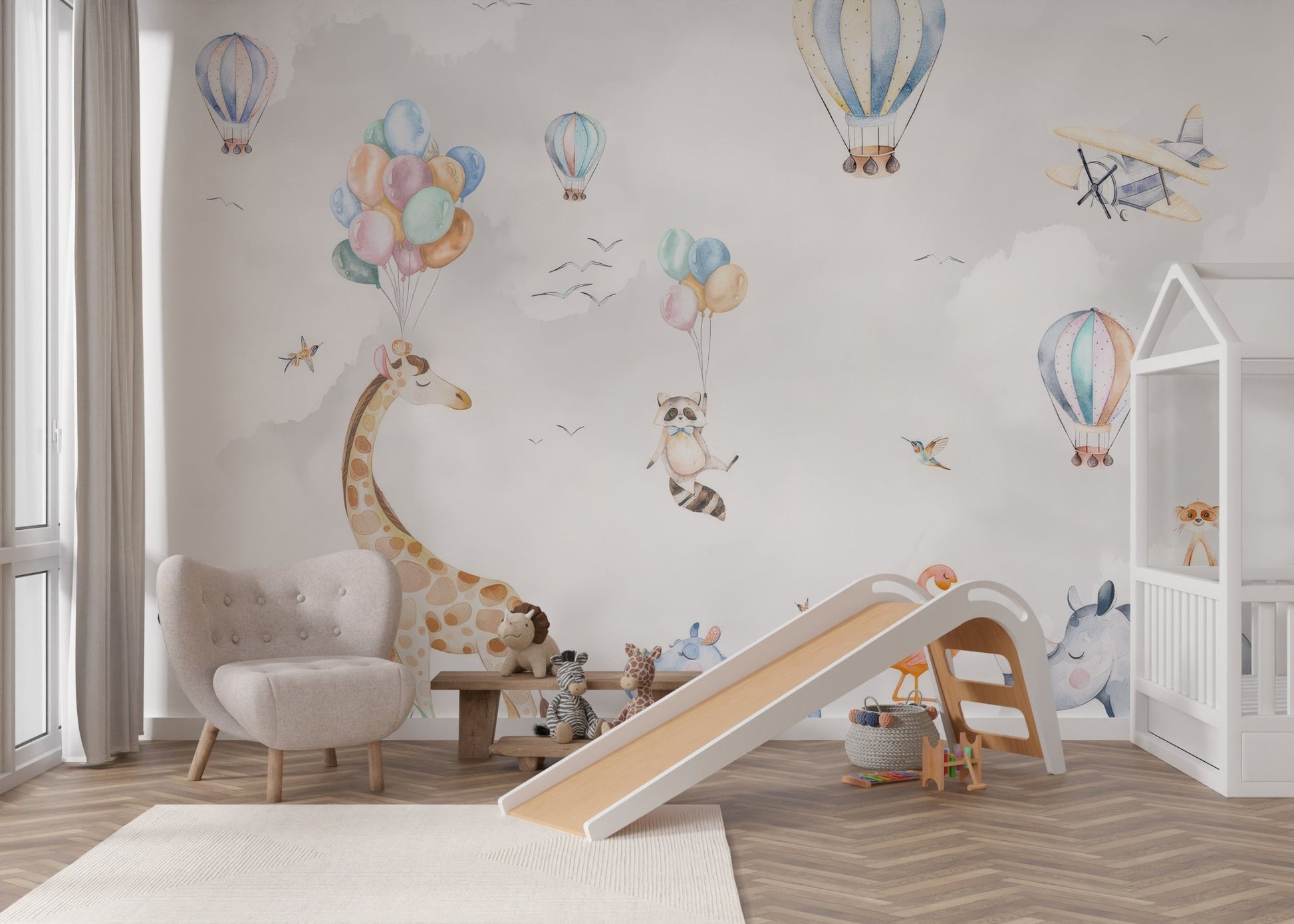 Hot air balloons, a plane, and animals in a festive wall mural for nursery.