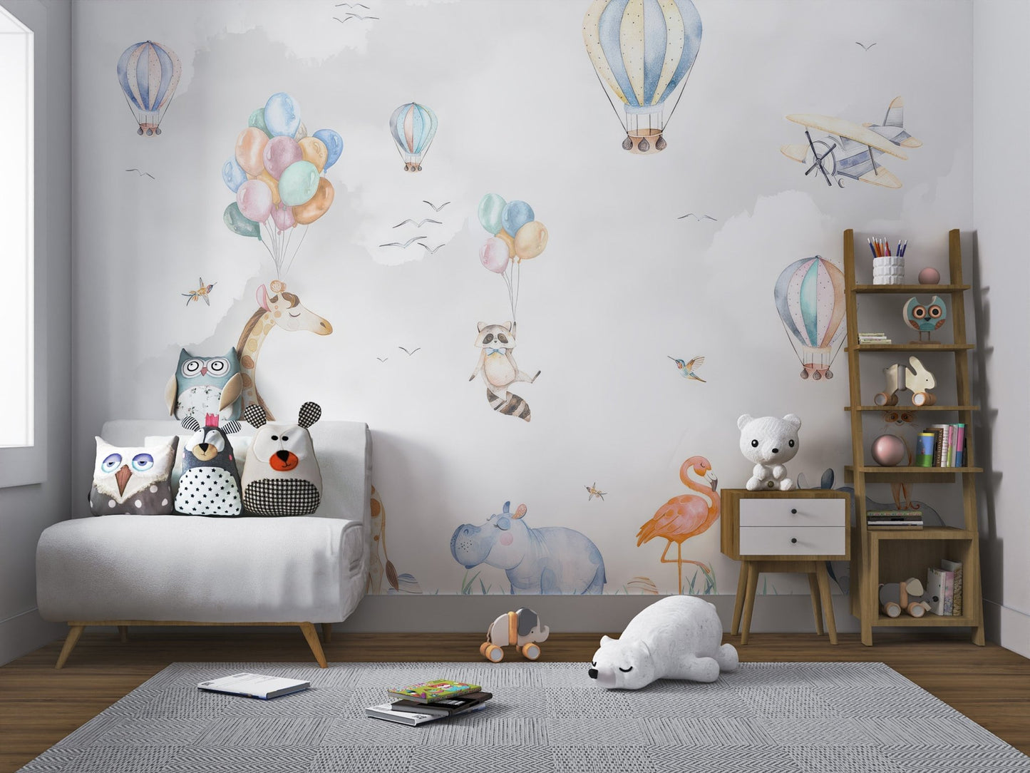 Safari animals mural with pastel floating balloons for child's play area.