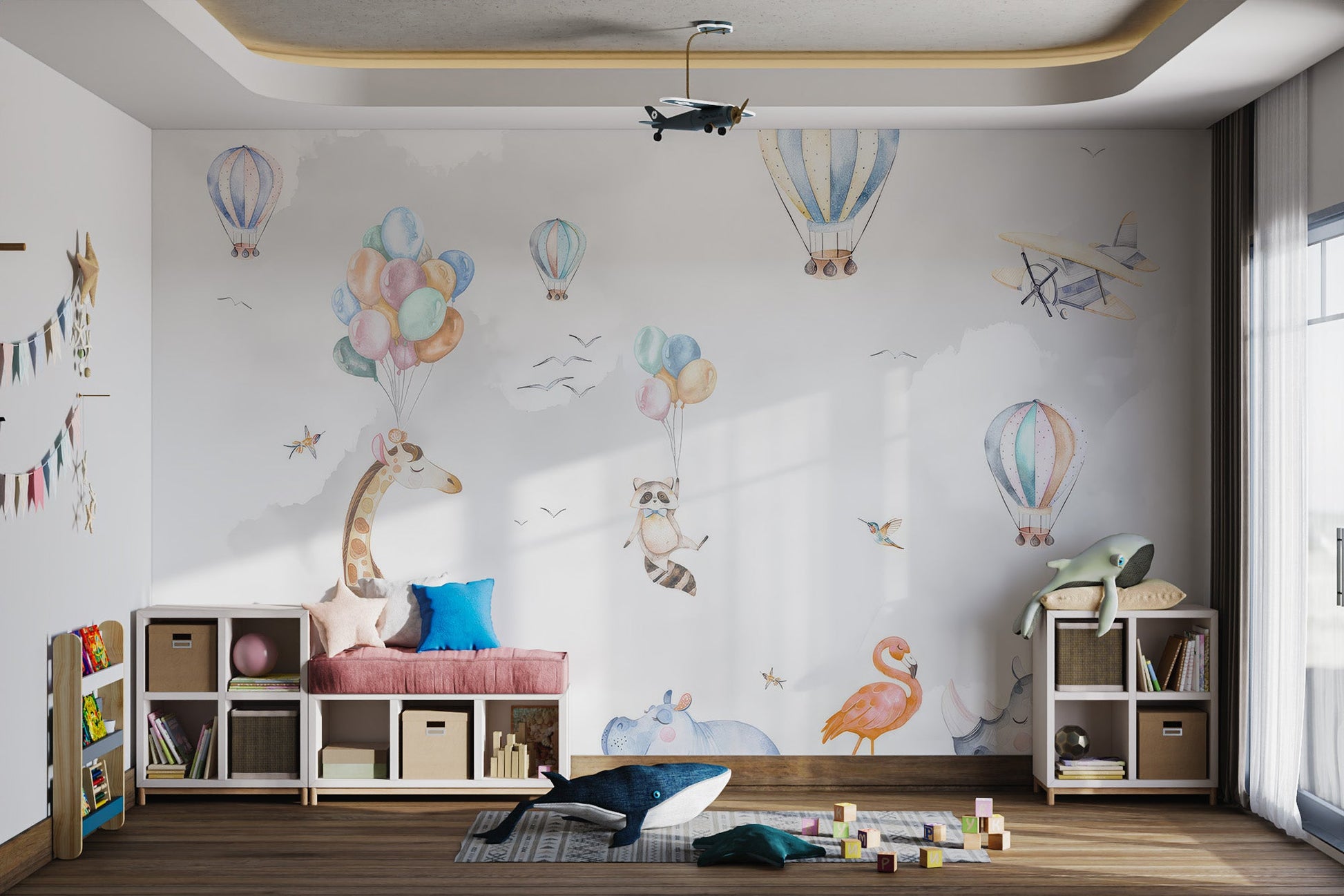 Flamingo and rhino with a small lemur watercolor illustration wall mural.