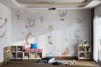 Flamingo and rhino with a small lemur watercolor illustration wall mural.