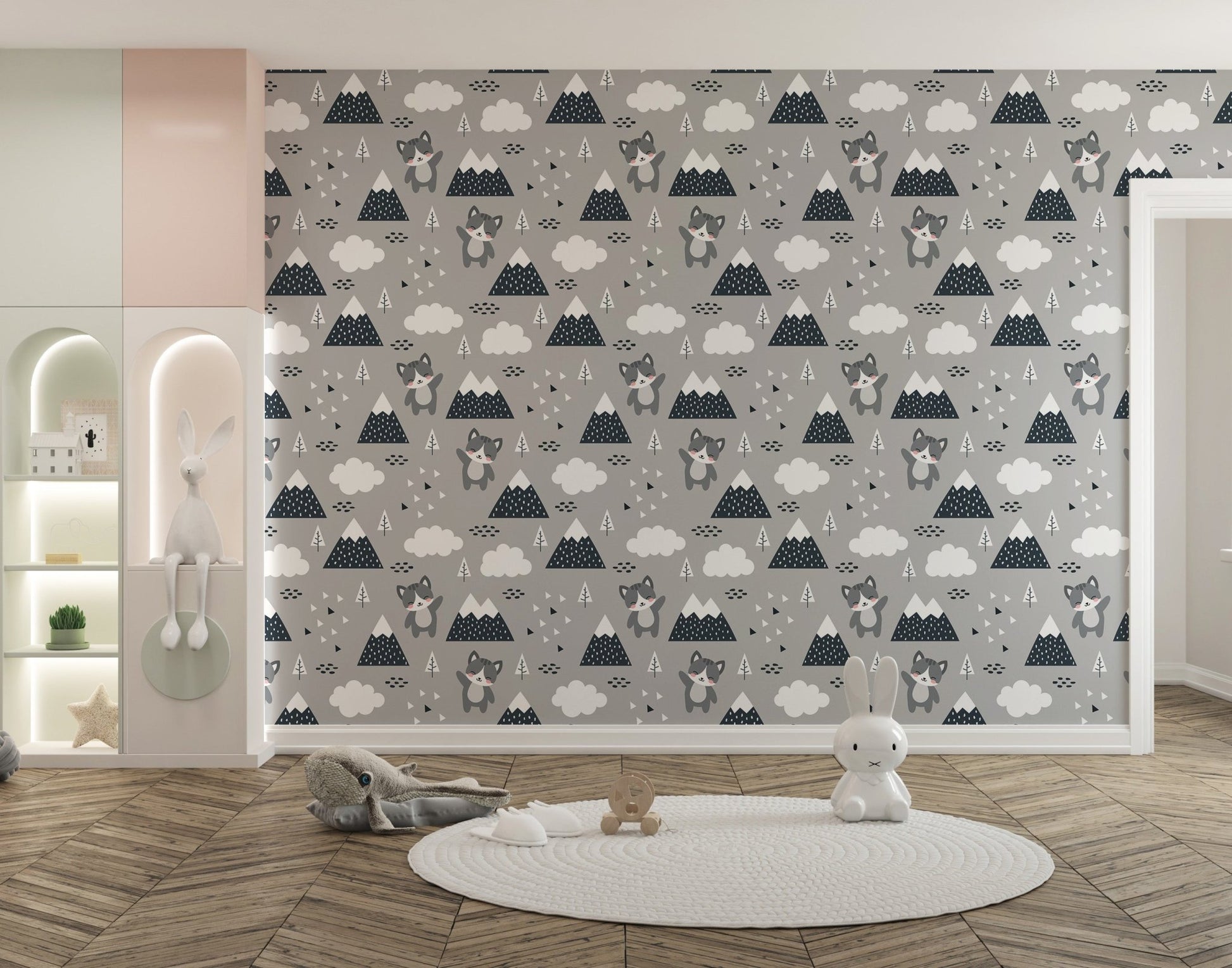 Scandinavian style wallpaper featuring kittens and alpine peaks for playrooms