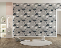 Scandinavian style wallpaper featuring kittens and alpine peaks for playrooms
