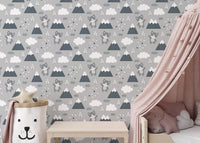 Grey kitty patterned wallpaper in a bedroom with a pink canopy bed