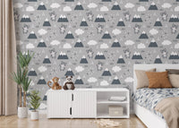 Playful Scandinavian Kitty Wallpaper in a kids bedroom with white furniture