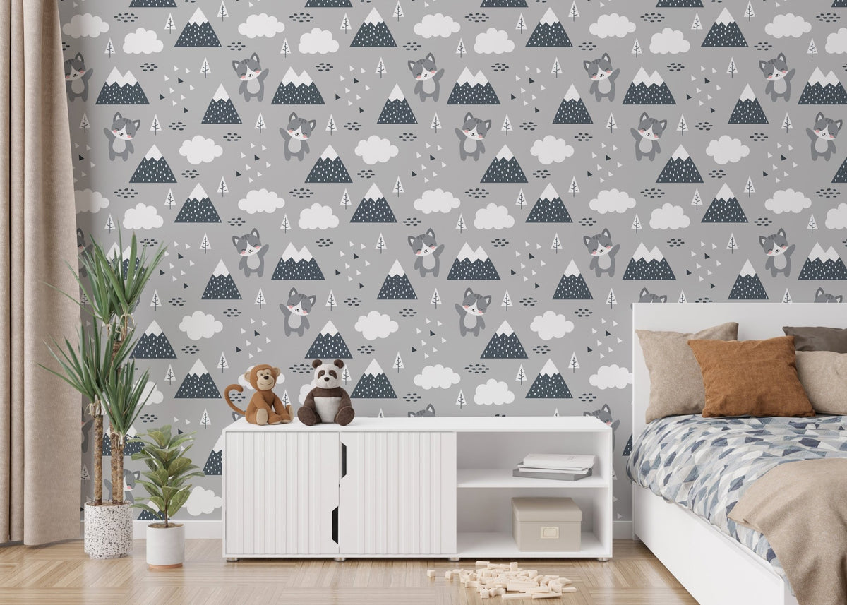 Playful Scandinavian Kitty Wallpaper in a kids bedroom with white furniture