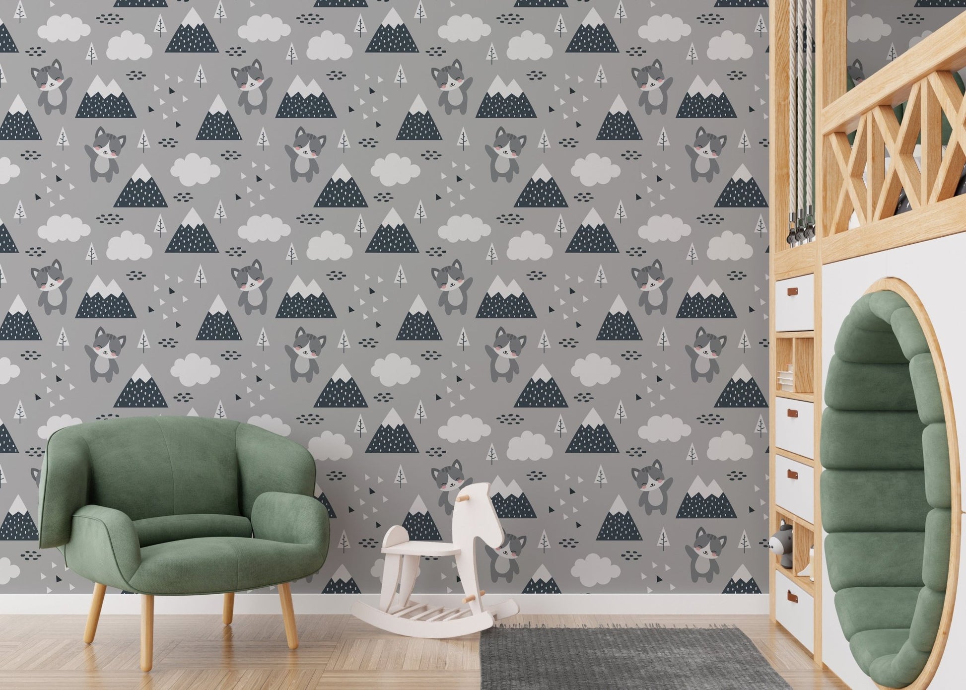 Playful Scandinavian Kitty Wallpaper paired with a green armchair and toys