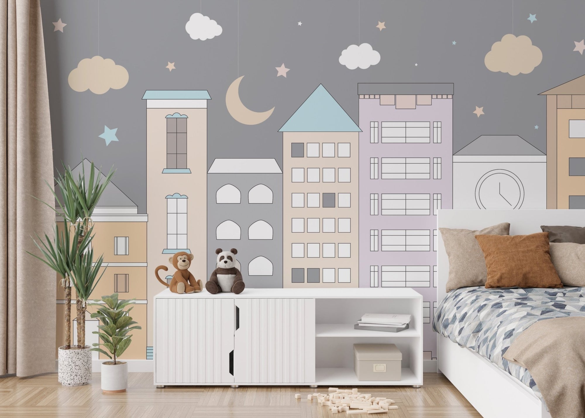 Playful town adventures mural with colorful buildings and streets in kids bedroom.
