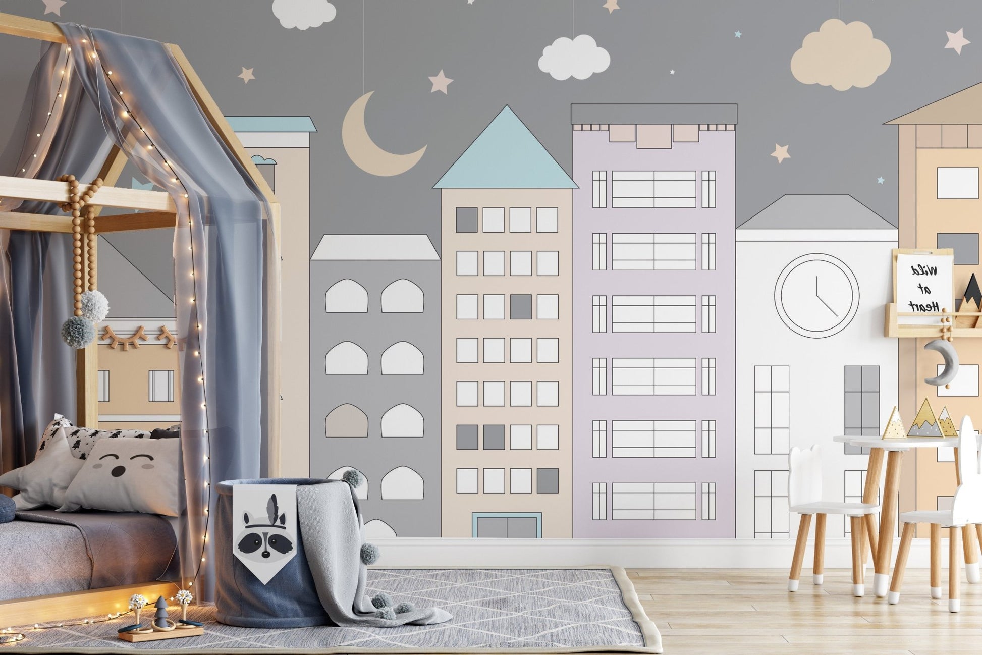 Vibrant wall mural featuring a playful town adventure scene.
