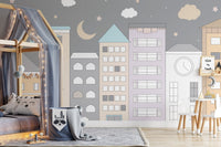 Vibrant wall mural featuring a playful town adventure scene.
