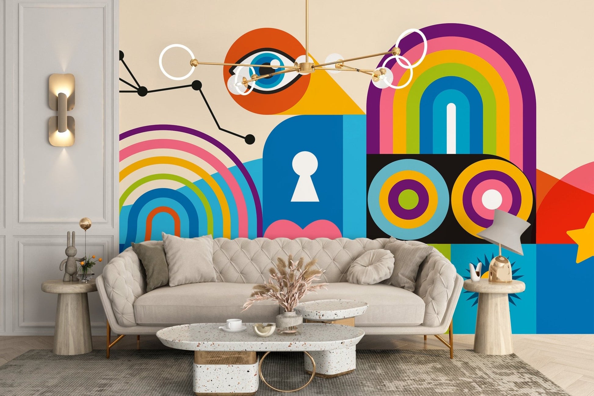 Vibrant urban wall mural with geometric circles and heart motif for living area.