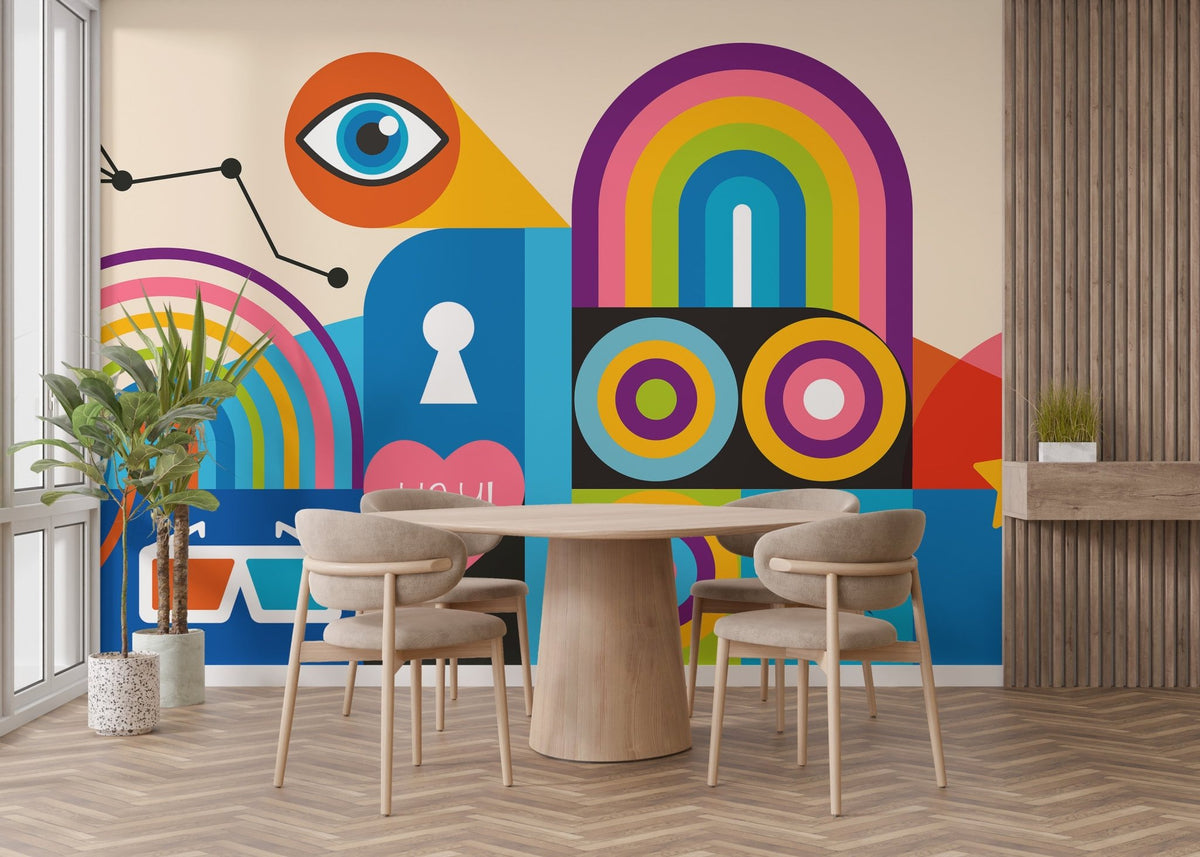 Modern artistic wall mural with rainbow arches and bold color blocks for dining room.