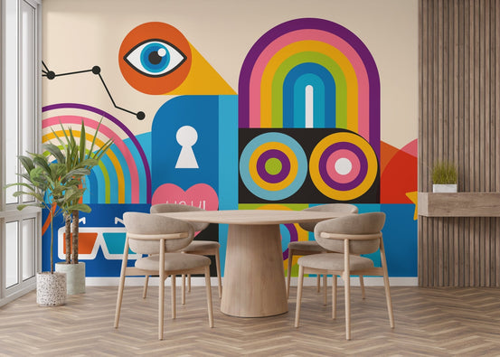 Modern artistic wall mural with rainbow arches and bold color blocks for dining room.