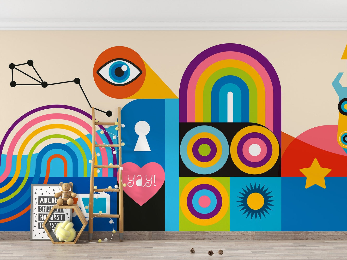 Pop art inspired wall mural with rainbow and urban graphics.
