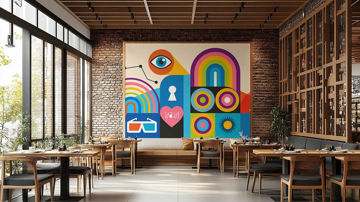 Bold artistic wall mural with lock, glasses, and circular patterns.
