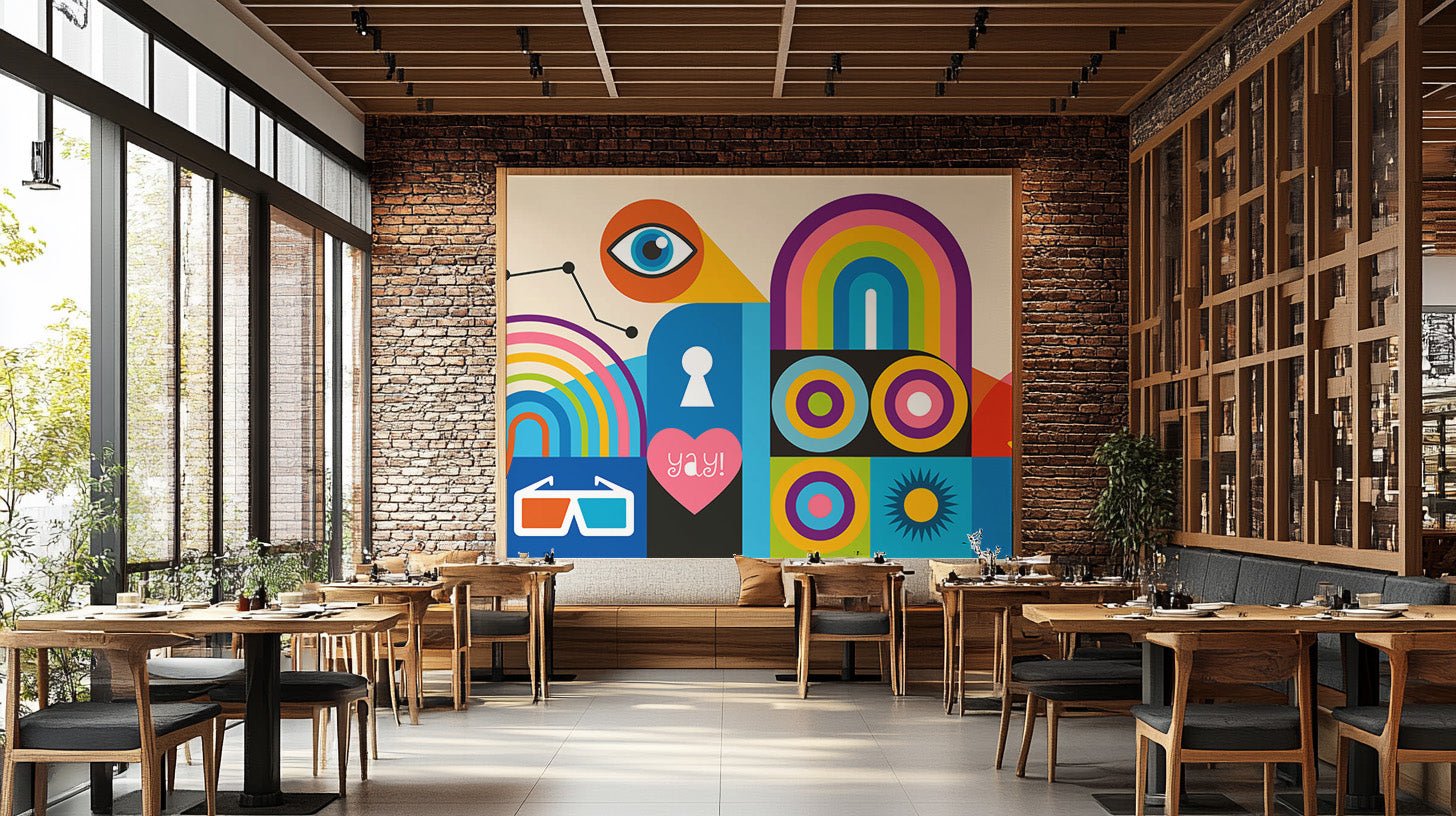 Bold artistic wall mural with lock, glasses, and circular patterns.