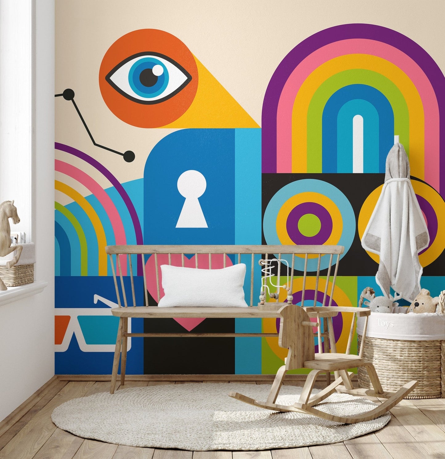 Multi-color artistic wall mural with modern geometric layout for nursey.