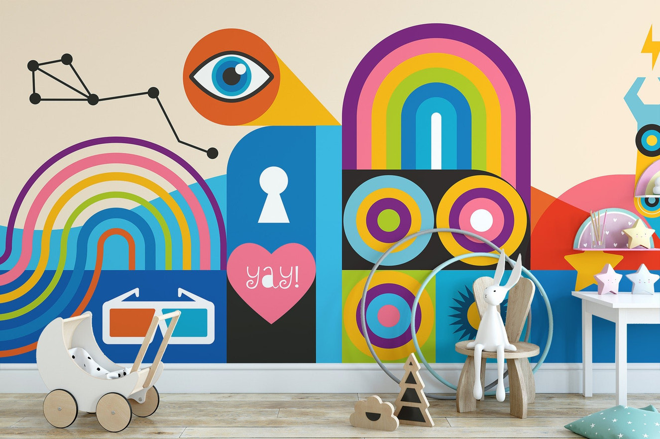 Playful urban artistic wall mural with rainbow and guitar graphics.