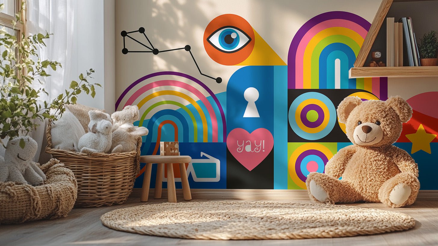 Colorful urban wall mural featuring abstract shapes and eye icon.