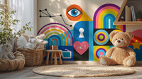 Colorful urban wall mural featuring abstract shapes and eye icon.