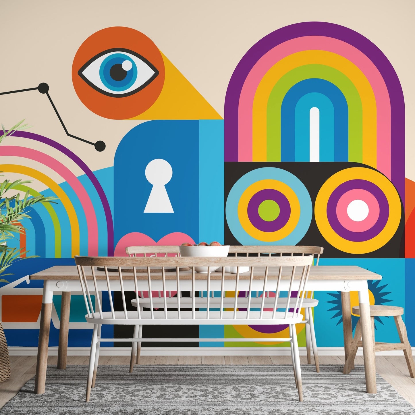 Contemporary urban wall mural with playful pop art colors in dining room.