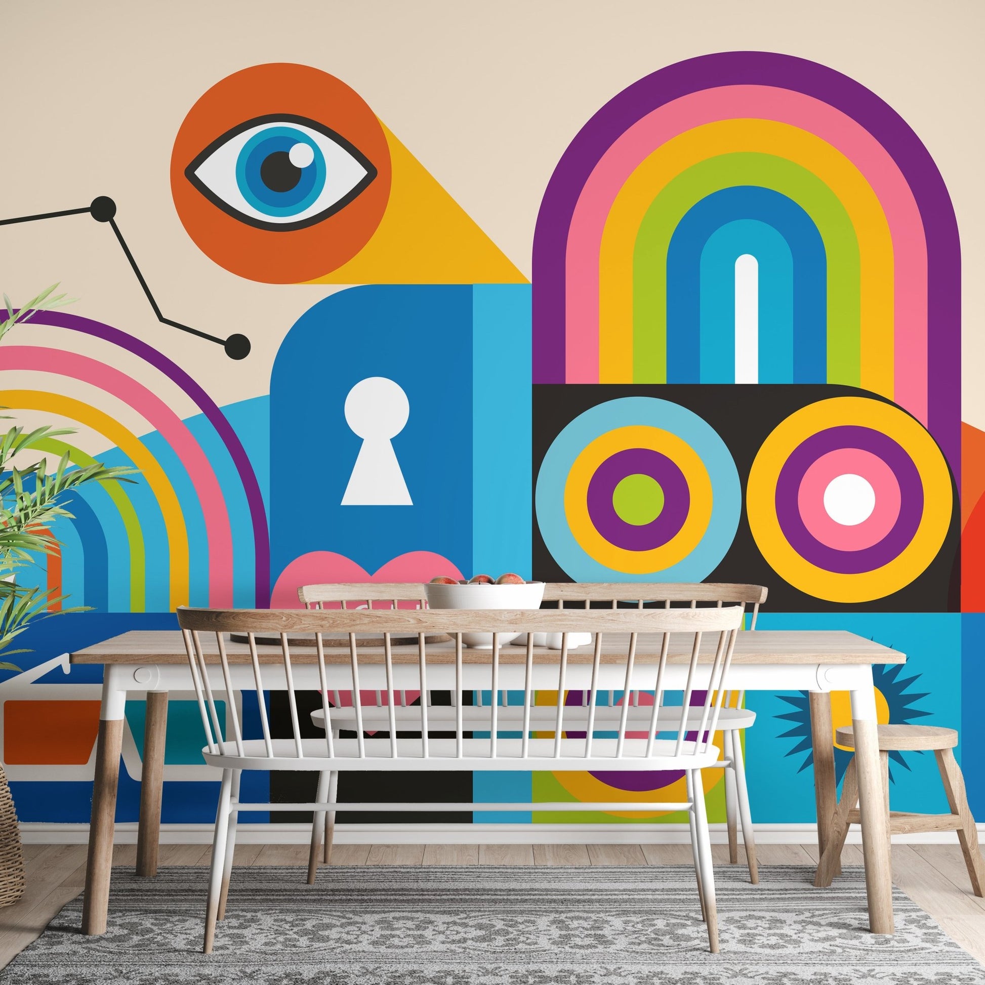Contemporary urban wall mural with playful pop art colors in dining room.