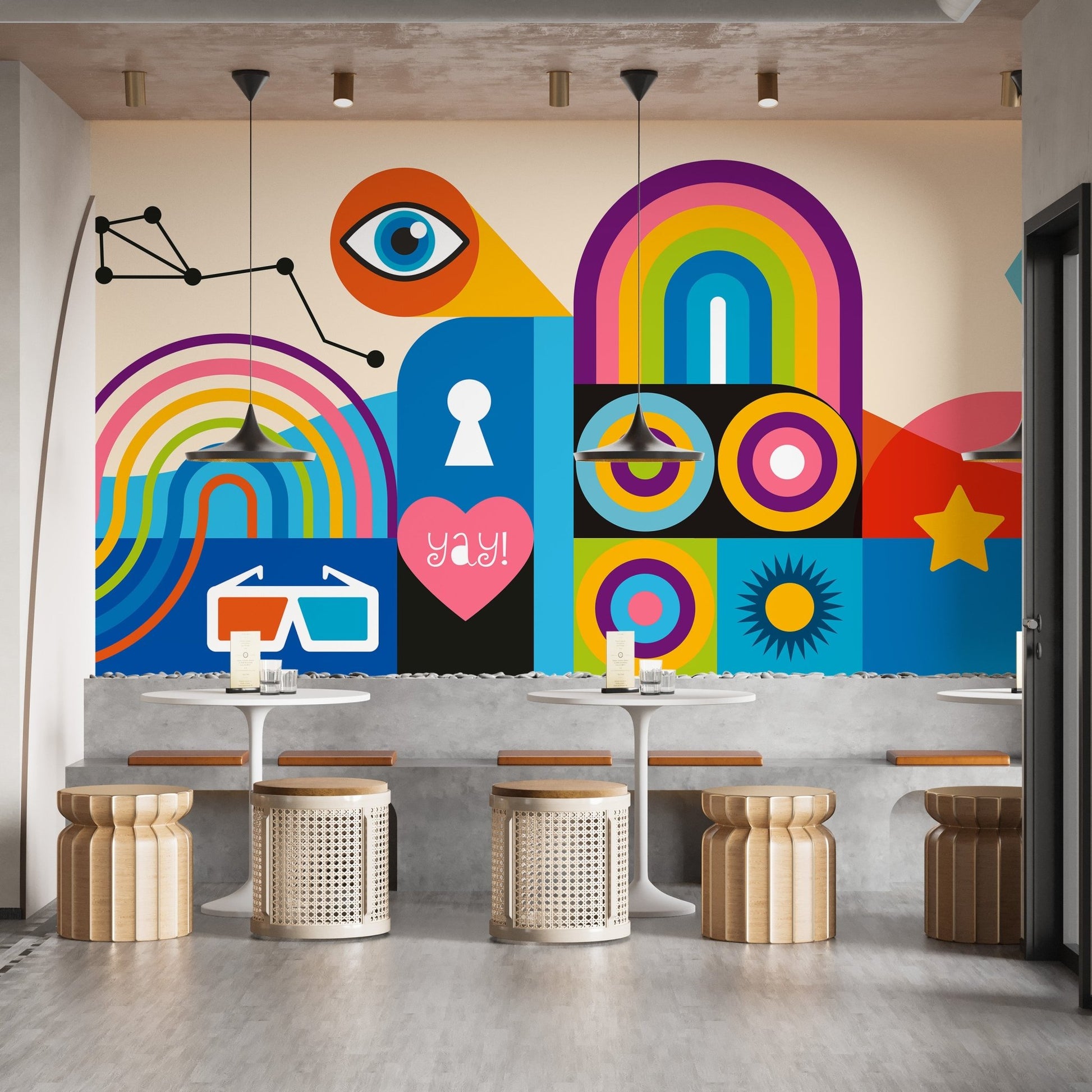 Urban inspired wall mural with music and retro design elements.